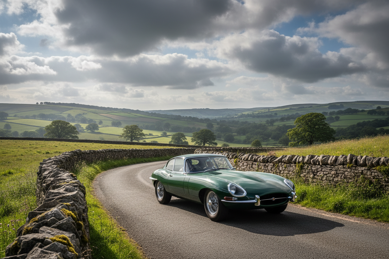 british classic car driving uphill
