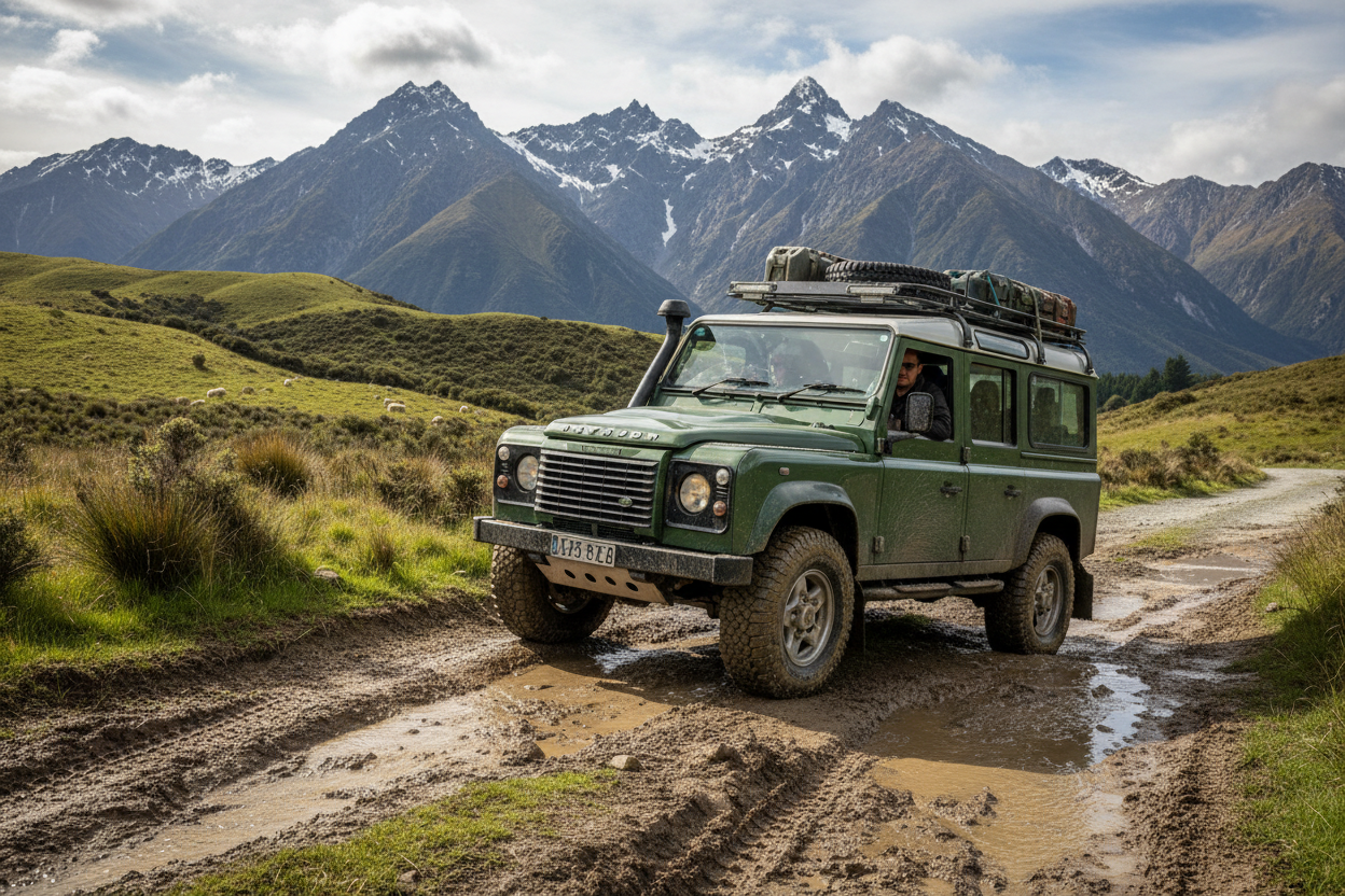 Land Rover Defender driving off-road in New Zealand